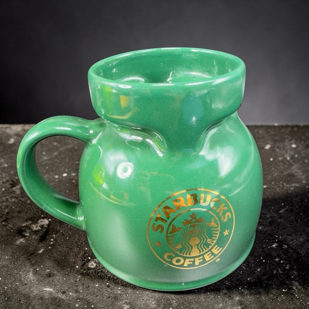 STARBUCKS‎ Dark Green Ceramic Chubby Travel Mug Desktop Mug Cup Large Gold Label
